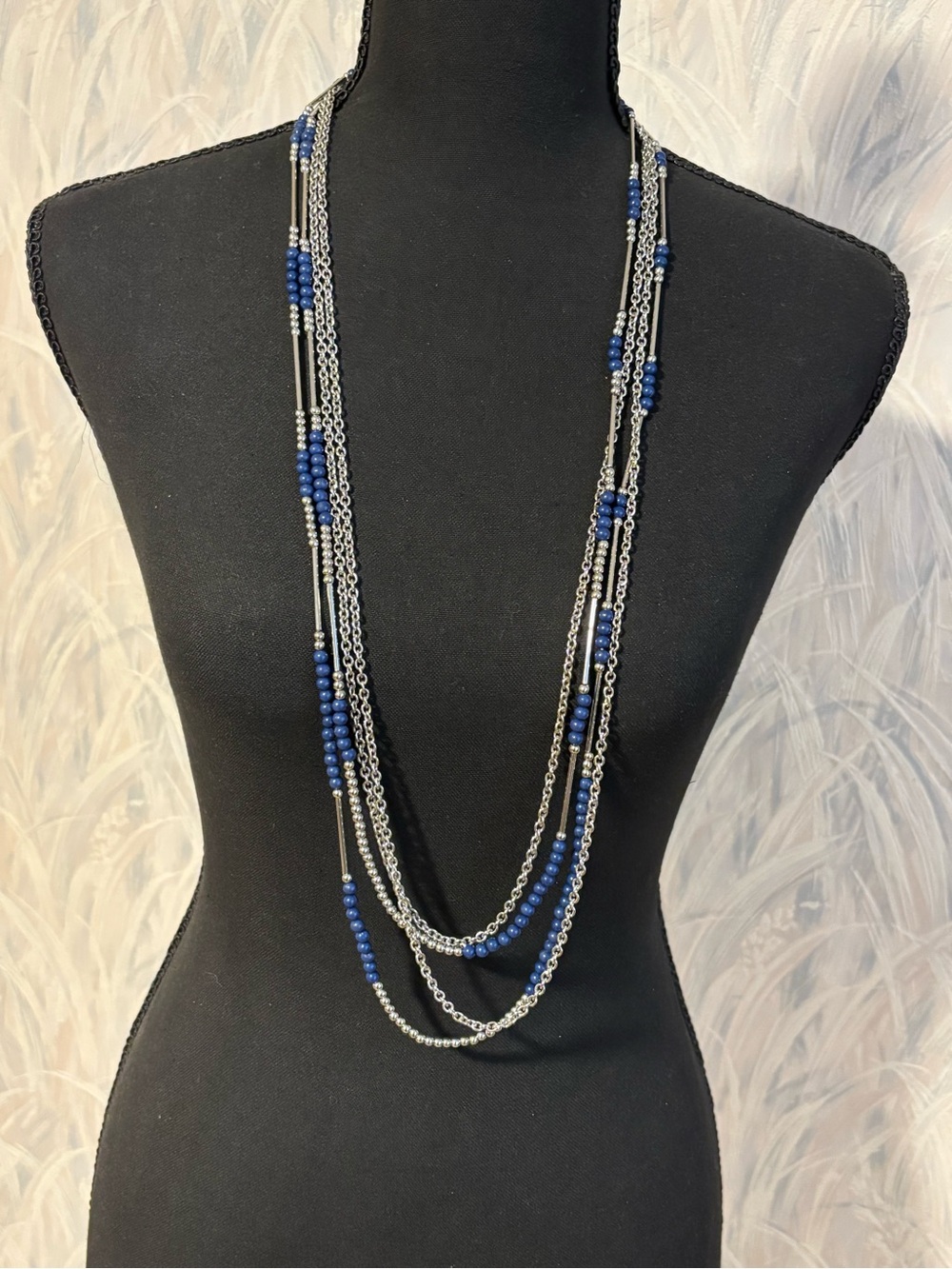 Premier Design‘True Blue’ Layered Blue Bead and Silver Chain Necklace 36”-38”+4”